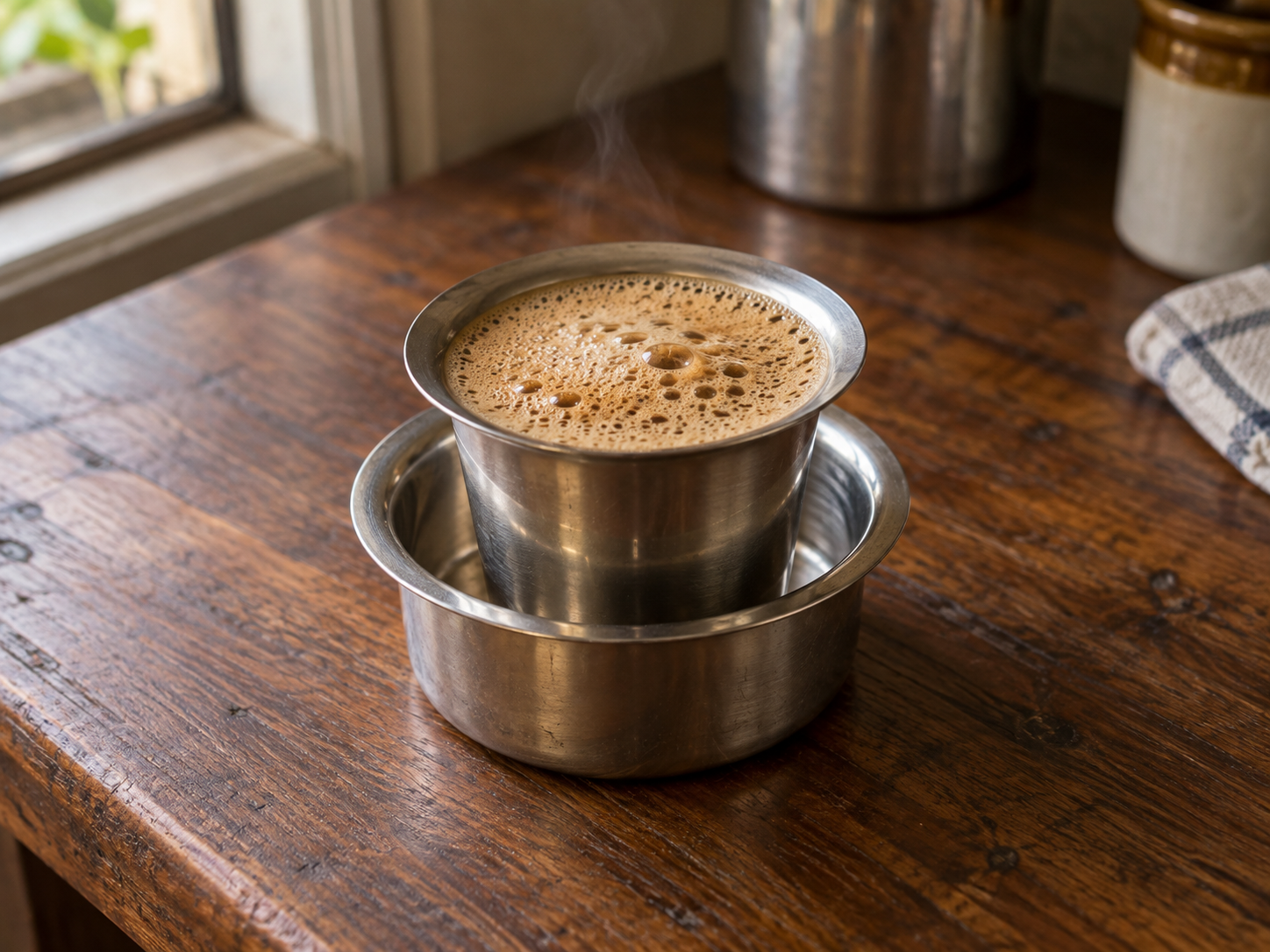 AI illustration of frothy filter kaapi in a steel tumbler and dabarah on a brown wooden table
