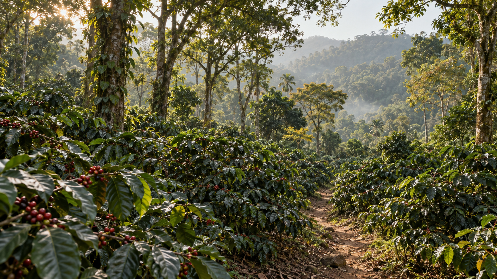 AI illustration of coffee shrubs and red cherries beneath a tall shade canopy, with a path and wooded hills
